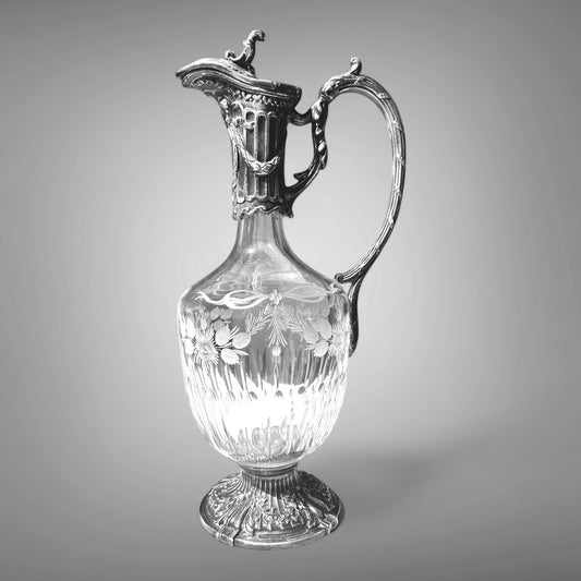 antique carafe "Rocaille and floral motifs", silvering, crystal, early 20th century, France.