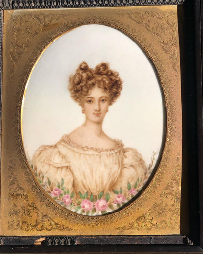 Portrait of a Young Woman on Porcelain – Napoleon III Style Frame, Dated 1868