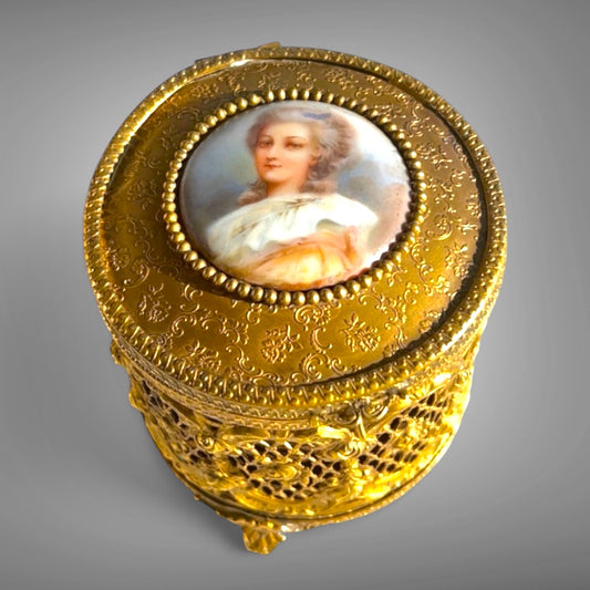 Antique French Bronze Music Box with Porcelain Medallion – 19th Century