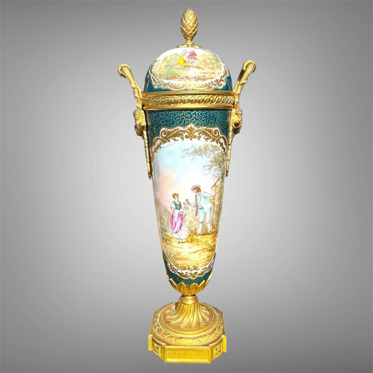 Antique Decorative Vase in the Sèvres Style, 19th Century
Porcelain, bronze, hand-painted